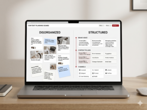 laptop displaying brand voice strategy with one side disorganized and the other side with structure.